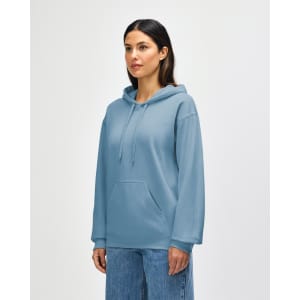 A light blue hooded sweatshirt with a kangaroo pocket and a drawstring hood displayed on a model.
