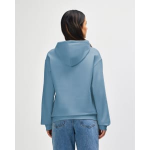 A light blue hooded sweatshirt with a kangaroo pocket and a logo on the back.