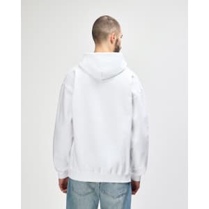 A white hooded sweatshirt featuring a back view, showing a female model adjusting the hood.