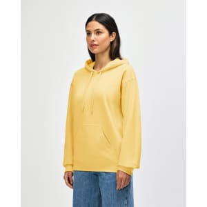 A yellow Gildan Softstyle adult hooded sweatshirt with a kangaroo pocket and a logo on the front.