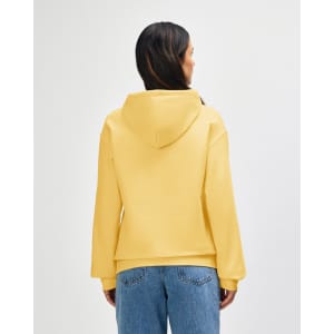 A yellow Gildan Softstyle adult hooded sweatshirt displayed from the back, featuring a hood and a relaxed fit.
