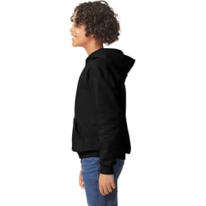 A black Gildan Softstyle youth hooded sweatshirt displayed on a model, showcasing its side view and hood.