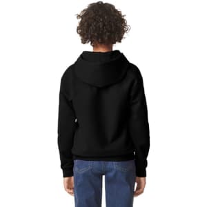 A black youth hooded sweatshirt with a kangaroo pocket and a hood, featured from the back.