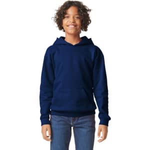 A youth hooded sweatshirt in navy blue with a front pocket and a hood, worn by a smiling child.