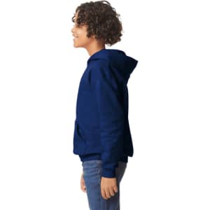 A youth hooded sweatshirt in navy blue, featuring a front pocket and a hood, displayed from the side.