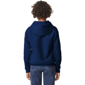 A navy blue youth hooded sweatshirt with a logo, featuring a kangaroo pocket and a drawstring hood.