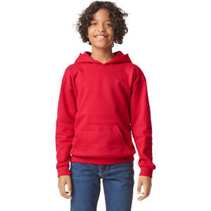 A red youth hooded sweatshirt with a front pocket, featuring a logo. Model is smiling and wearing jeans.