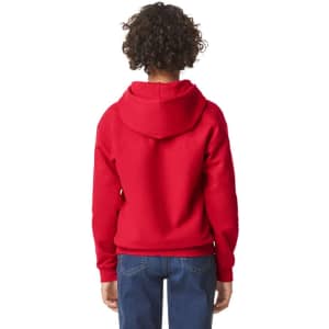 A red youth hooded sweatshirt with a large hood and a relaxed fit, shown from the back.