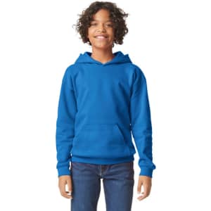 A blue youth hooded sweatshirt featuring a front pocket and a hood. It has a logo on the garment.
