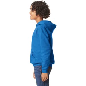 A youth hooded sweatshirt in bright blue, featuring a kangaroo pocket and a hood. It has a logo on the front.
