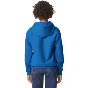 A blue youth hooded sweatshirt with a plush texture, featuring a hood and a logo on the back.