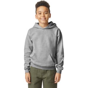 A youth hooded sweatshirt in grey, featuring a front pocket and a drawstring hood. It includes a logo on the chest.