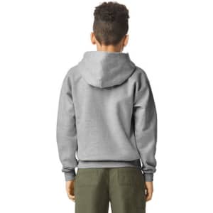 A grey youth hooded sweatshirt with a large hood, shown from the back. The model is wearing green shorts.