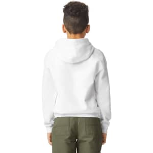 A white youth hooded sweatshirt with a pouch pocket and a logo on the back, featuring a relaxed fit.