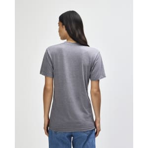 A grey American Apparel tri-blend t-shirt displayed on a model from the back, featuring a simple design and relaxed fit.