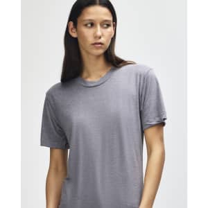 A grey American Apparel tri-blend T-shirt with a relaxed fit, featuring a subtle branding logo.