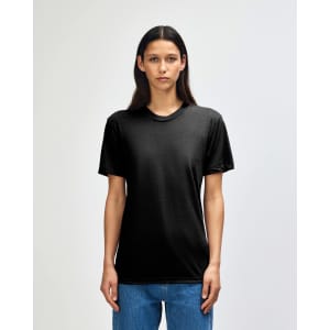 A black American Apparel Tri-Blend T-Shirt displayed on a mannequin with straight black hair and denim jeans.