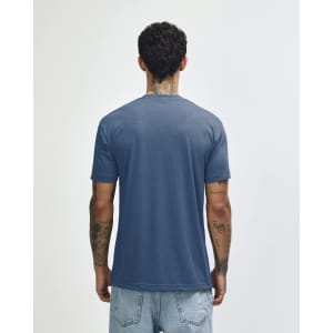 A back view of an American Apparel Tri-Blend T-shirt in blue, featuring short sleeves and a logo.