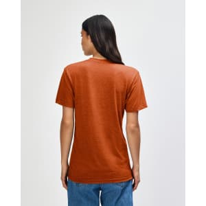 A back view of an American Apparel Tri-Blend T-Shirt in a burnt orange colour, featuring a logo.