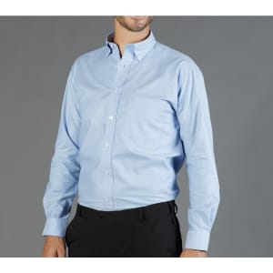 A light blue button-up shirt with a pocket, featuring a collar and long sleeves.