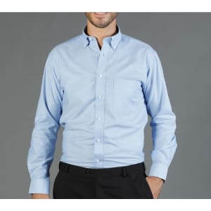A light blue button-up shirt with a collar and a chest pocket, featuring a branded logo.