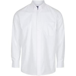 A white button-up shirt with long sleeves and a chest pocket, featuring a collar and a logo.