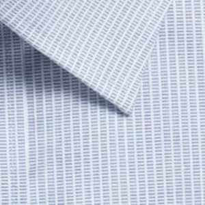 A button-up shirt featuring a light blue and white striped pattern, with a close-up view of the collar and fabric texture.