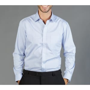 A button-up shirt in light blue with a striped pattern and a chest pocket, featuring a logo on the garment.