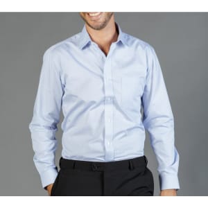 A button-up shirt in light blue with a subtle striped pattern, featuring a single chest pocket.