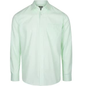 A light green button-up shirt with long sleeves and a chest pocket. It features a logo on the label.
