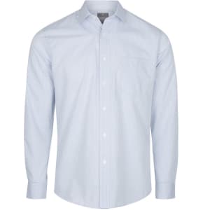 A light blue button-up shirt with a striped pattern and a single chest pocket. It features a logo on the label.