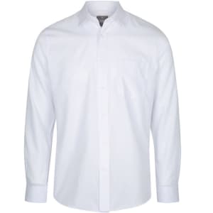 A white button-up shirt with long sleeves and a single pocket on the left side. It has a collar and a logo.