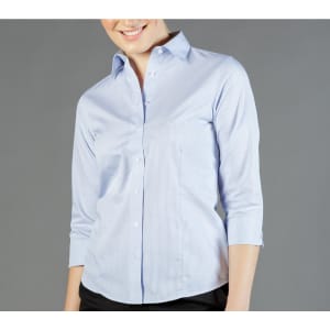 A light blue, striped women's shirt with a collar and three-quarter sleeves. It features a logo on the chest area.