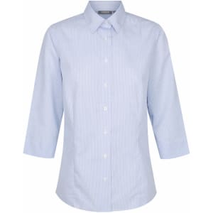 A light blue striped shirt with a collar and three-quarter sleeves, featuring buttons and a branding logo.