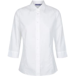 A white shirt with three-quarter sleeves and a button-down collar, featuring a logo on the collar.