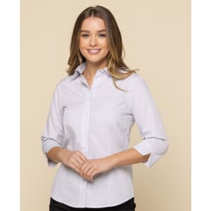 A light grey shirt with three-quarter sleeves and a collar, featuring a logo on the chest.