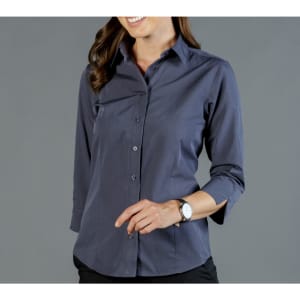 A button-up shirt in dark grey with a fitted design and three-quarter sleeves, featuring a logo on the collar.