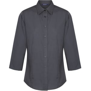 A button-up shirt in dark grey with a pointed collar and long sleeves, featuring a logo on the chest.