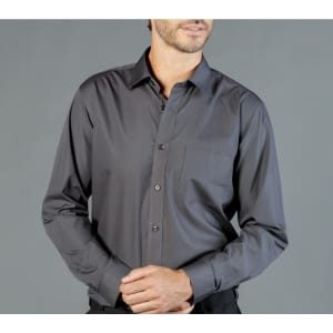 A charcoal grey button-up shirt with a single chest pocket and black buttons. It has a sleek, modern design.