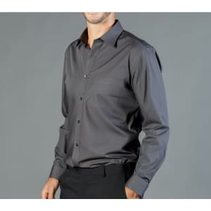 A dark grey button-up shirt with a single chest pocket, featuring a logo on the breast pocket area.