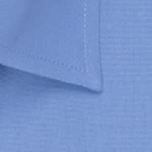 A light blue button-up shirt collar with subtle texture and stitching details, featuring a branding logo.