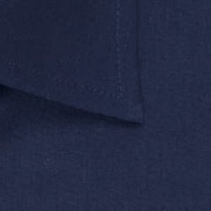 A close-up of a navy blue button-up shirt featuring a collar with neat stitching and texture details.