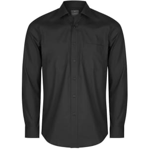 A black button-up shirt with long sleeves and a single chest pocket, featuring a logo.