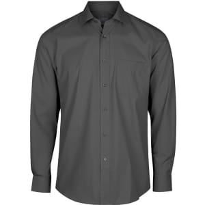 A long-sleeved, button-up shirt in dark grey with a single chest pocket and a branded label.