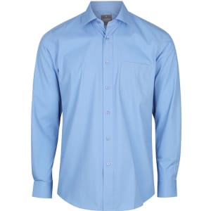 A light blue button-up shirt with a single chest pocket and a collar, featuring a logo on the tag.