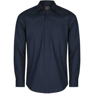 A dark navy button-up shirt featuring a pocket and a branded label.