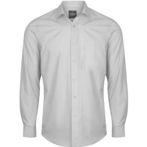 A light grey button-up shirt with a chest pocket and a collar, featuring a branded tag.