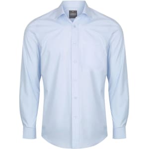 A light blue button-up shirt with long sleeves and a chest pocket. It features a collar and a brand logo on the neckline.