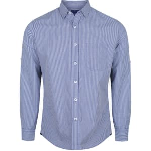 A button-up shirt in blue and white gingham pattern, featuring long sleeves and a single chest pocket.