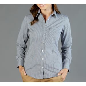 A button-up shirt in navy and white gingham with long sleeves and a collar, featuring a logo.